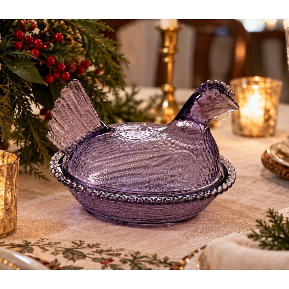 Vintage Purple Amethyst Glass Hen on Nest Covered Dish 7” Beaded Rim Box